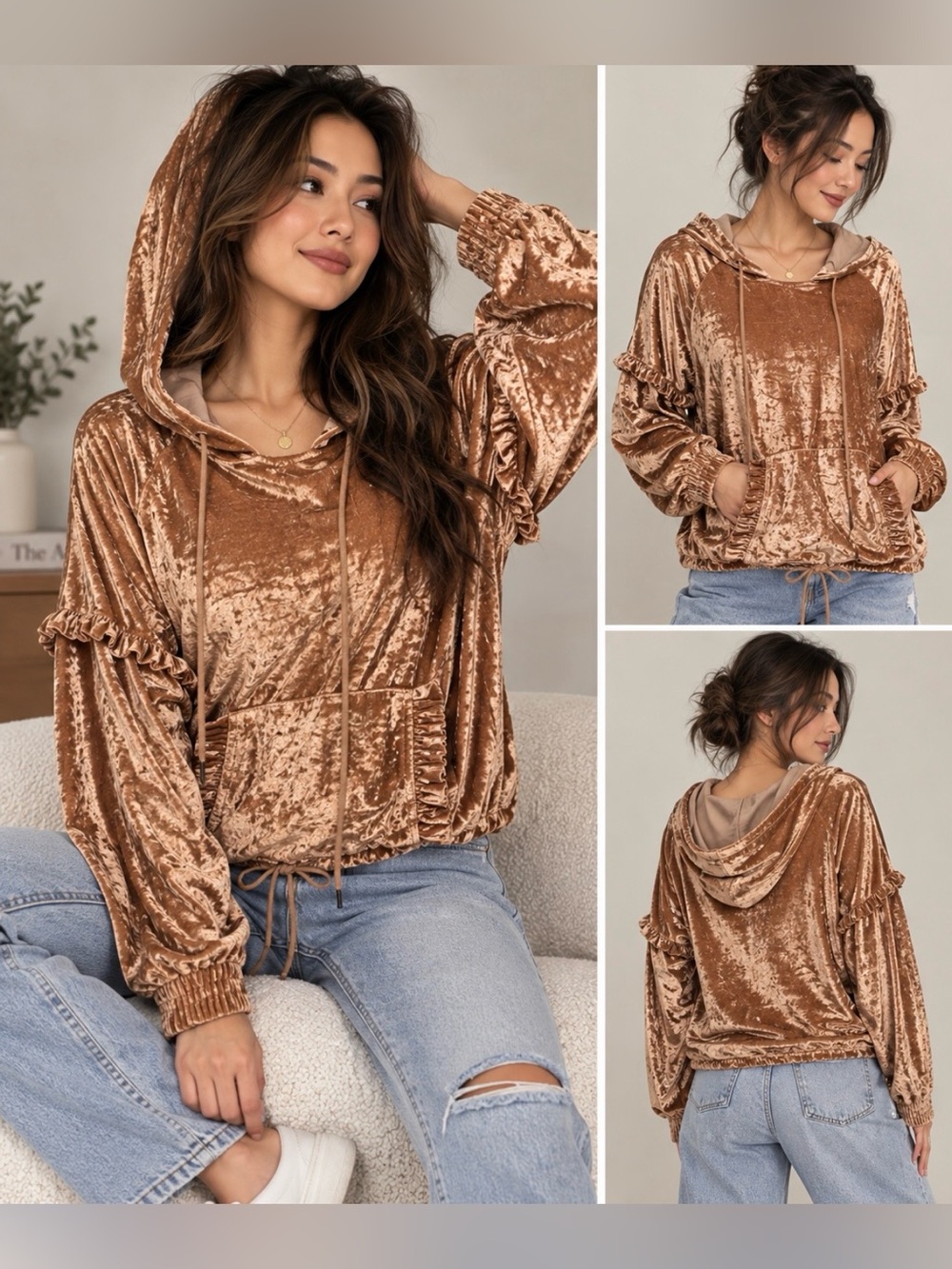 Love Sam Crushed Velvet Hoodie Bronze Ruffle Boho Y2K Pullover Sweatshirt Large